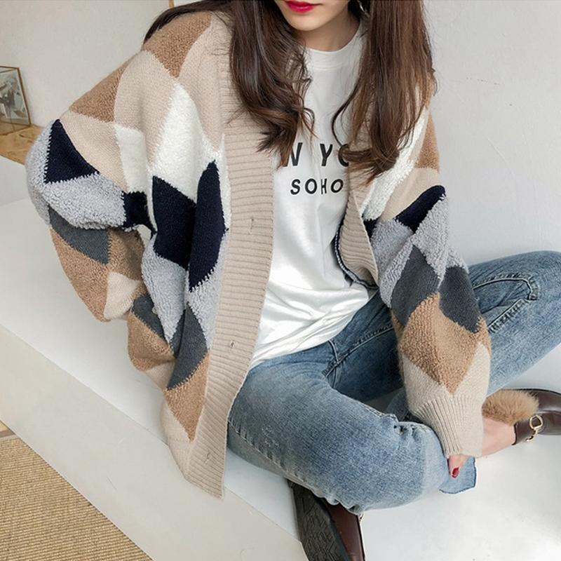 Elegant Fashion Argyle Knitted Sweater Jacket Women Autumn New Long Sleeve Winter Loose Woman Cardigans Sweaters Vintage Plus Size Knitwear Coat 24929