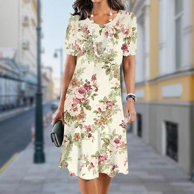 Moda Kadın Gevşek Çiçek Desenli O Yaka Kısa Kollu Yaprak Desenli Gevşek Sokak Giyim A Kesim Elbise