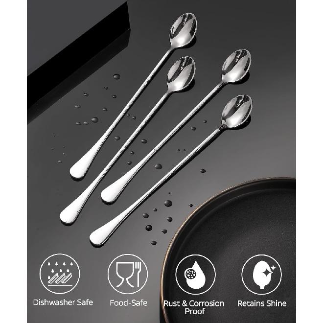 Lovingly Yours 9.5-Inch Long Spoon for Stirring, Ice Cream, Coffee, Cocktail, Stainless Steel Long Handle Iced Tea Spoons Set of 4