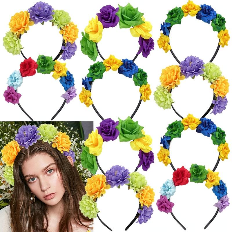 Colorful Headpiece Three-Dimensional Festival Party Headband Flower Crown Headband  Artificial Rose Headband For Wedding