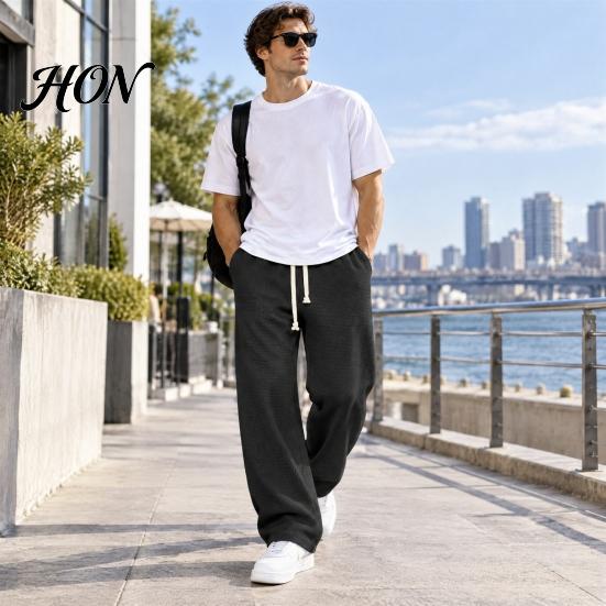 Versatile Outdoor Activewear Men Waffle Baggy Trousers, Wide Leg Drawstring Waist Slacks, Loose Fit Relaxed Travel Pants Casual Sweatpants with