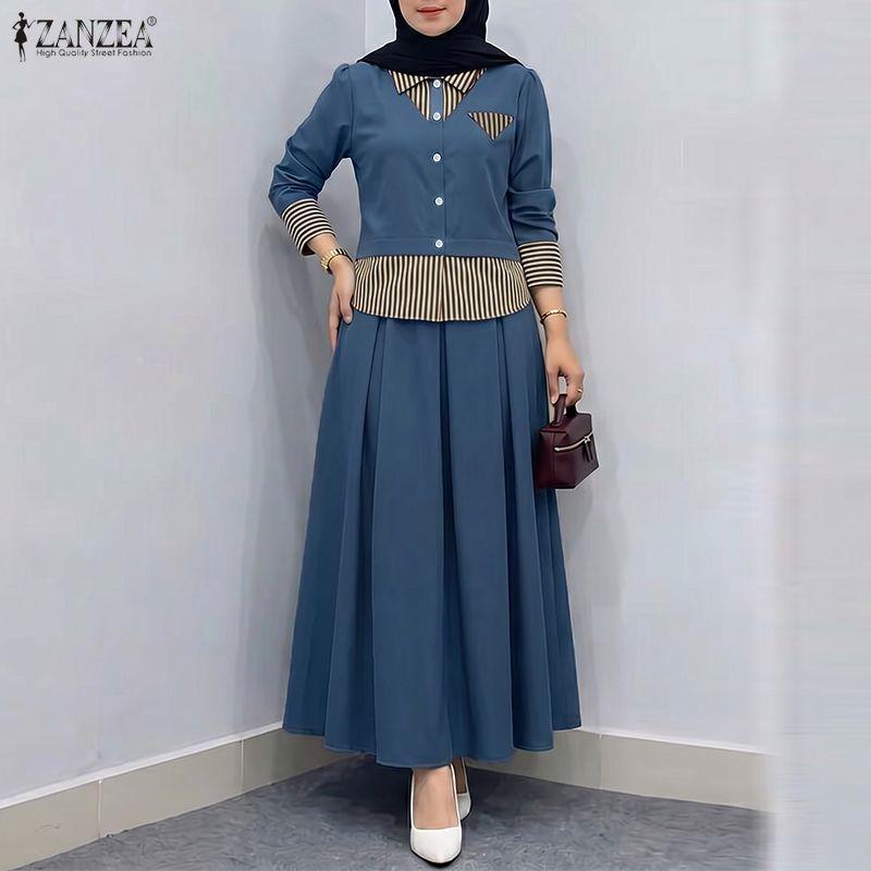 ZANZEA Women Long Sleeve Patchwork Blouse and Long Skirts Casual Two Piece Suit Sets