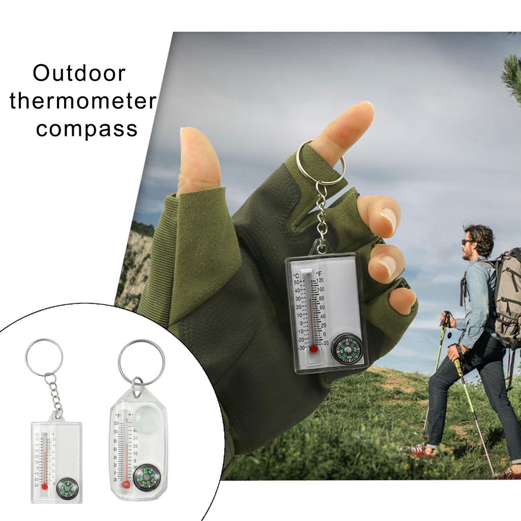 Portable Small Keychain Thermometer Compass Outdoor Mountaineering Buckle Compass Pointer for Wilderness Exploration