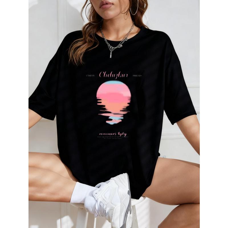 White Oversized T Shirt With Abstract Sunset Print And Text For Casual Wear