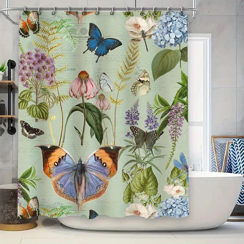 

Vintage Butterfly Flower Shower Curtain Decor Green Floral Printed Polyester Bath Rug Cover For Home Decoration In Bathroom Acce W60H190(CM)-1 Pcs