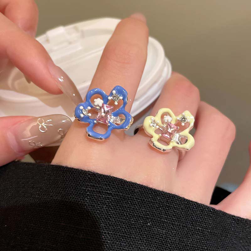 Y2K Colorful Drip Oil Flower Rings for Women Sweet Cute Geometric Block Zircon Rings Fashion Aesthetic Jewelry Gifts Wholesale