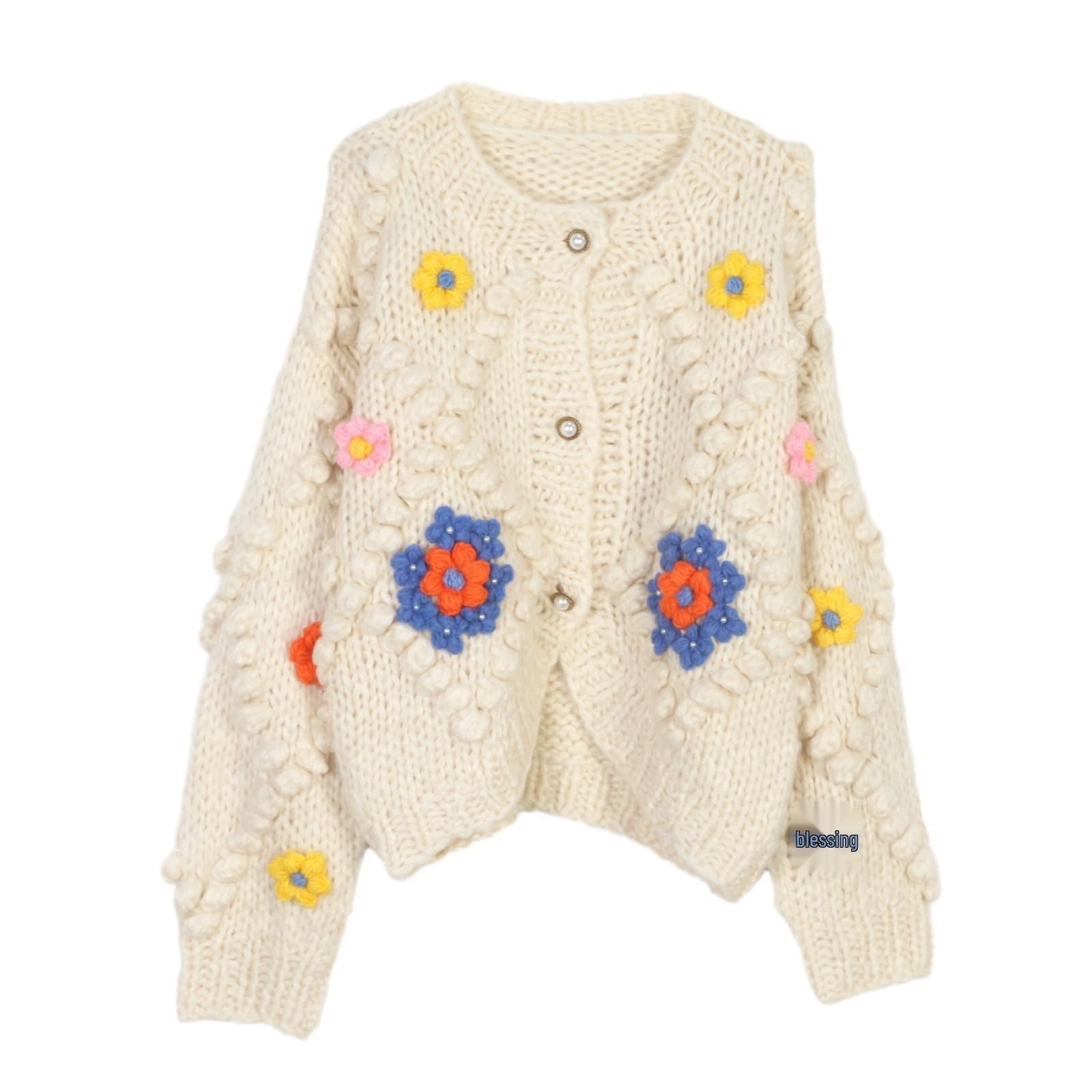 

Женский кардиган ручной работы крупной вязки с круглым вырезом и 3D цветочным дизайном для осени и зимы L