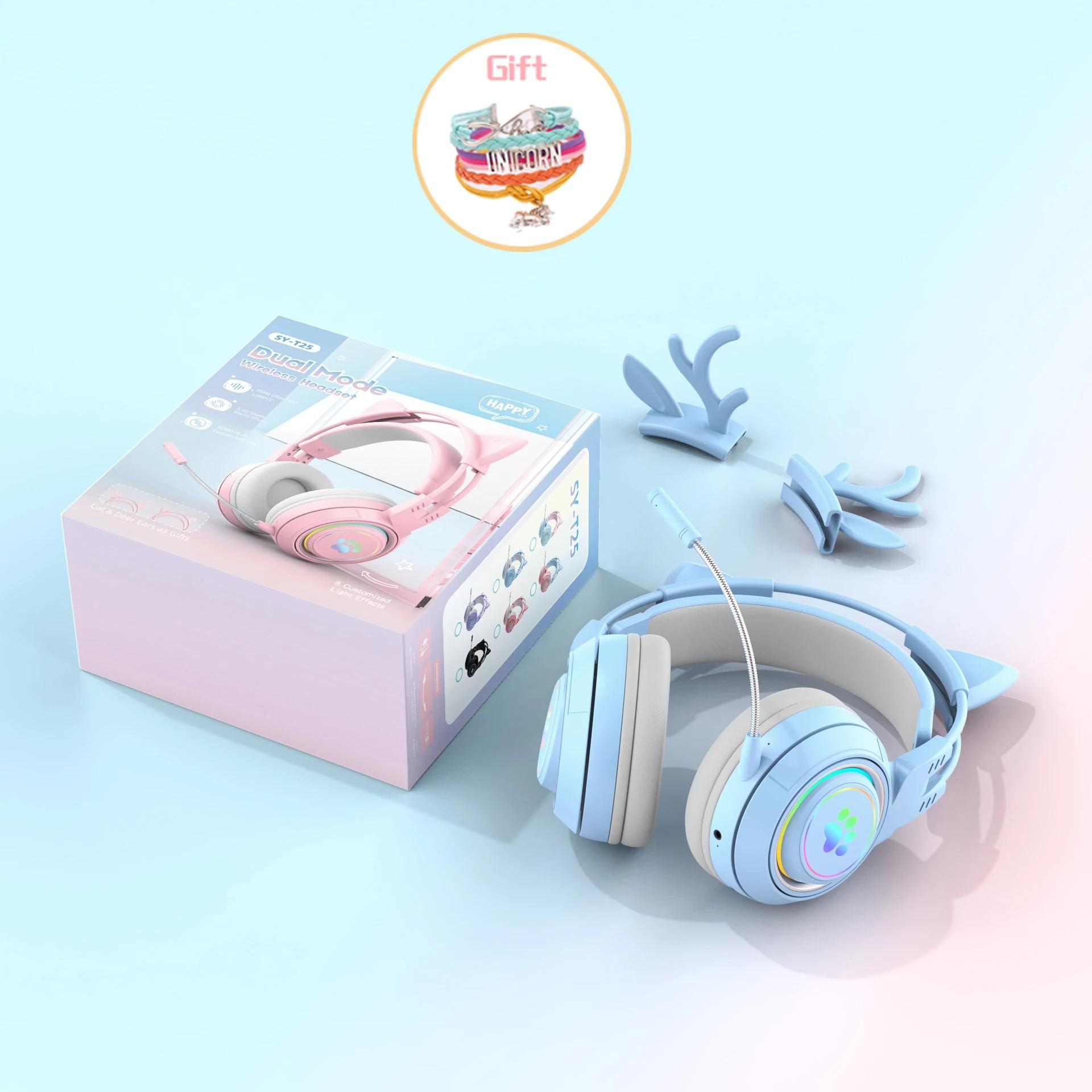 

2 в 1 милые рога/кошачьи ушки беспроводные Bluetooth наушники геймер 3,5 мм гарнитура игровые наушники подарок для детей низкая задержка синий