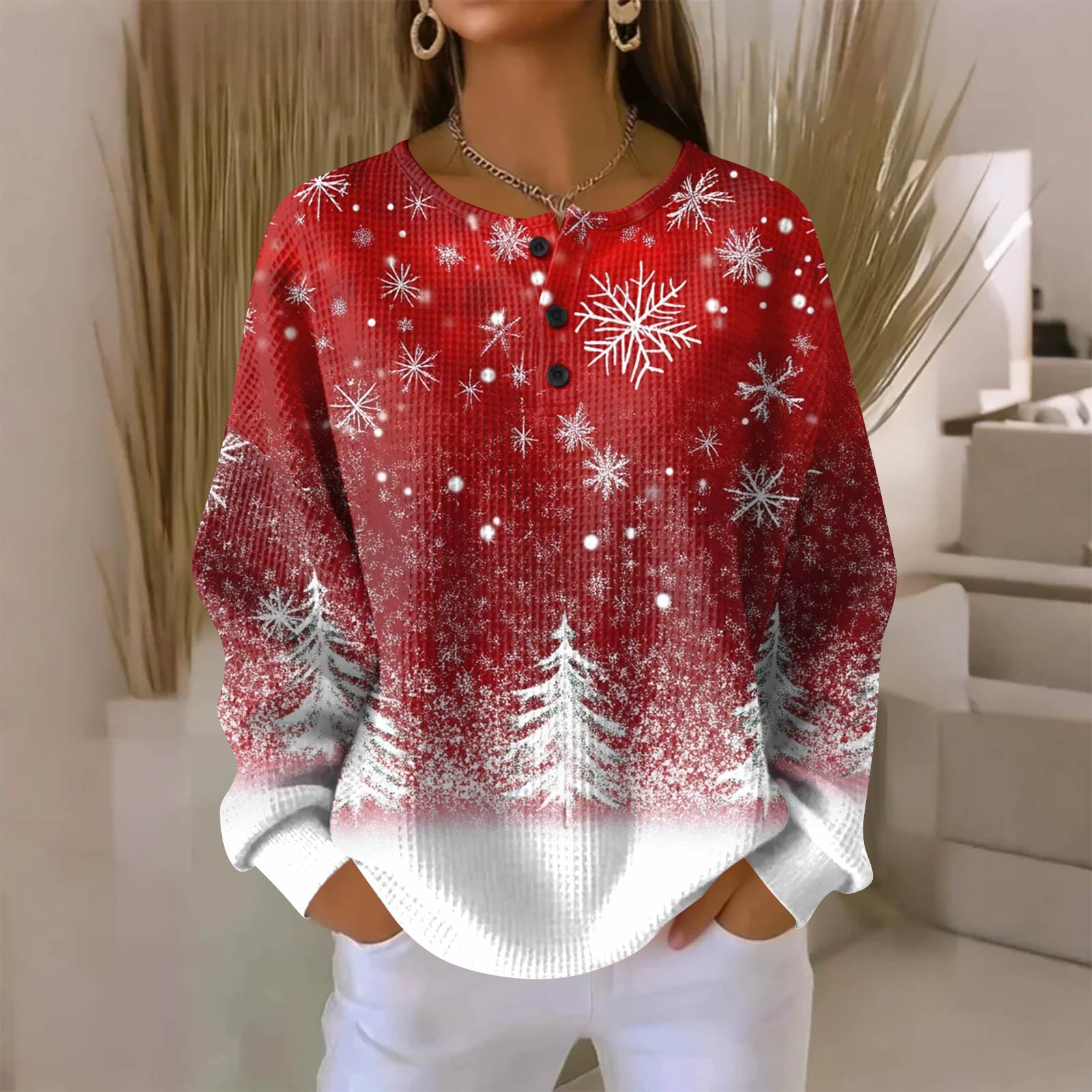 

Женская модная повседневная блузка с принтом на рождественскую тематику, V-образным вырезом, длинными рукавами и застежкой на пуговицы XL арбуз красный