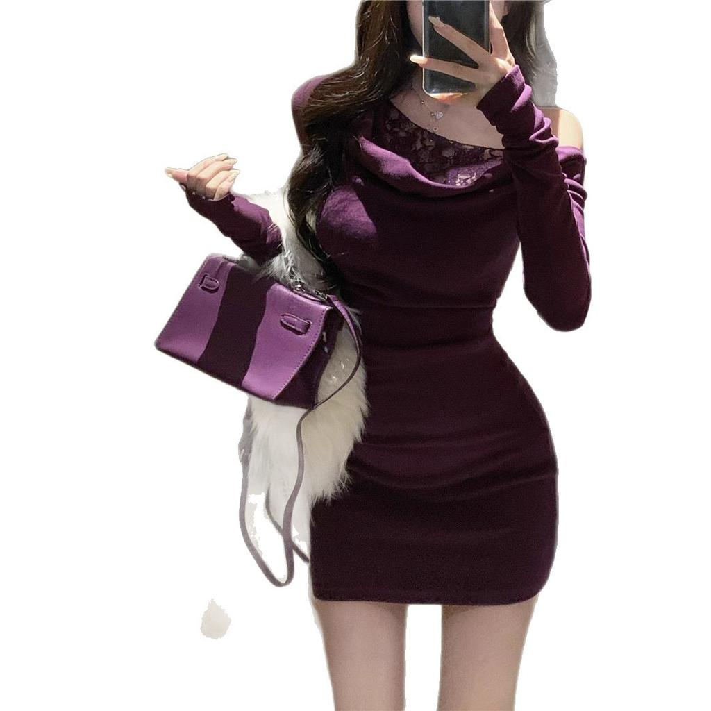 Lace Sexy Splicing Slanted Shoulder Long-sleeved Dress Autumn Slim Temperament New Thin Off-the-shoulder Purple Hip-wrap Skirt