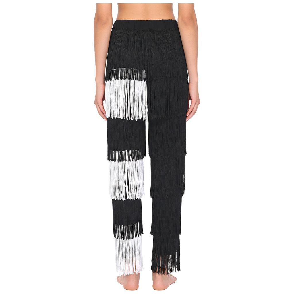 Women's Latin Dance Fringe Pants S-3XL: Elastic Waistband Contrast Color Tassel Trousers for Chacha Tango Rumba Dance Costume