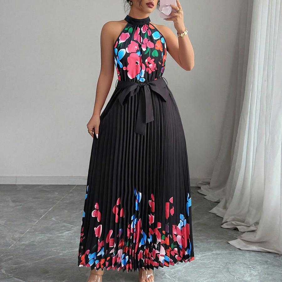 Women's New Year Fashion Printed Pleated Long Dress