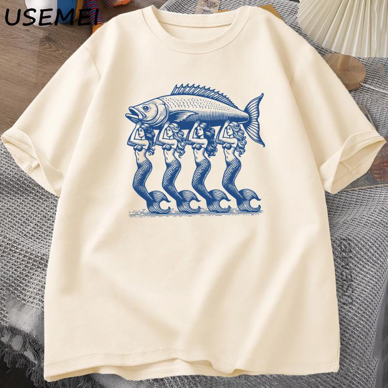 Mermaid Fish TShirt Trendy Beach T Shirt Summer Vacation Tshirt Shortsleeve Printed Cotton Graphic Tees Womens Top Clothes