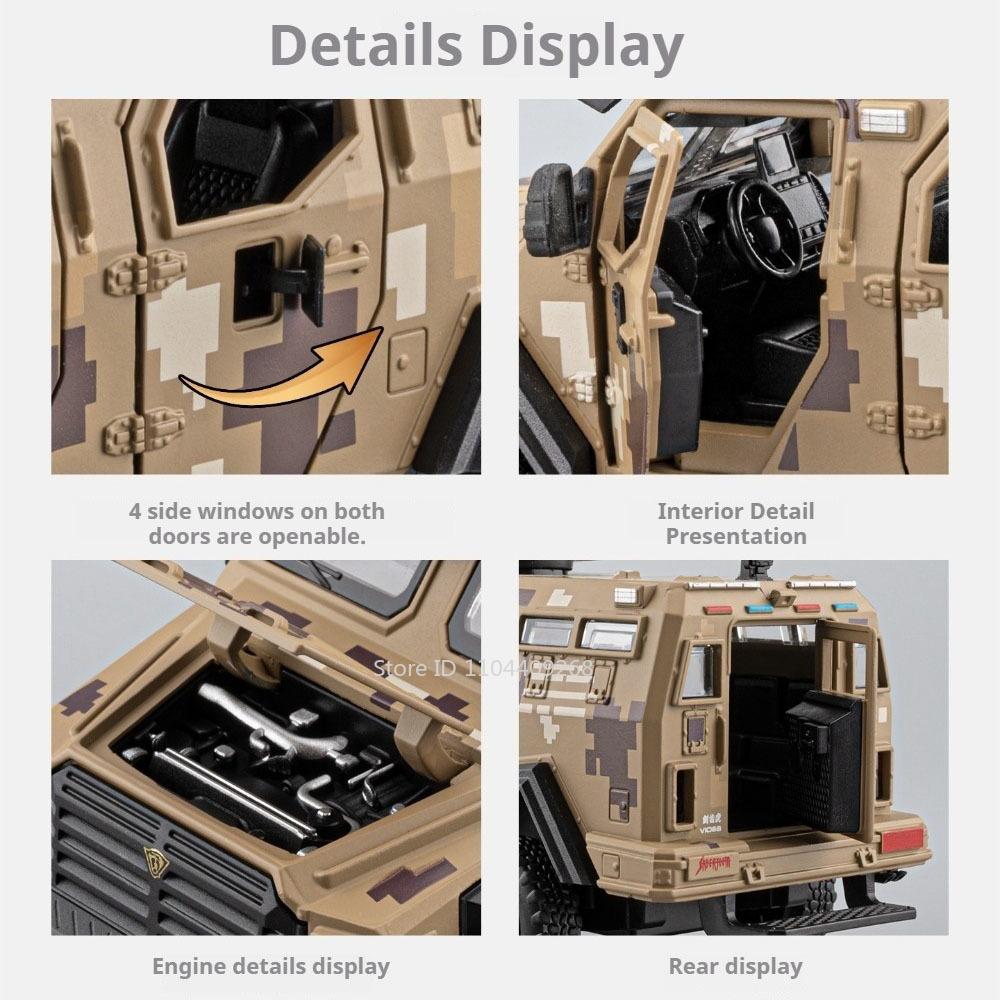 1:32 Scale Sword Toothed Tiger Armored Car Model Toy Wheel Steering Music Light Off-road Police Vehicles Shock Absorption Gifts