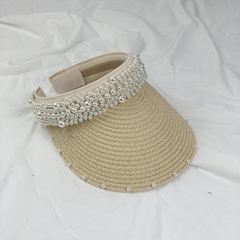 

Ins Internet celebrity empty top straw hat summer thin tide sunscreen sunshade pearl topless sun hat cap Average size adjustable (54-60cm) бежевий