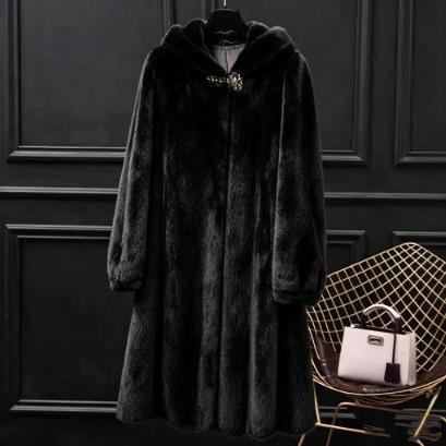 European and American new imitation mink coat women's medium and long imitation fur coat winter belt hooded imitation mink hooded