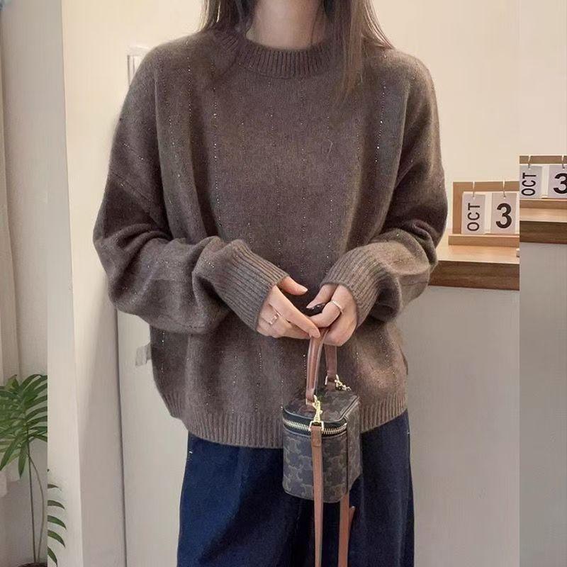 Round-neck Sweater Loose Long-sleeved Pullover for Women Solid-color Knitwear for Autumn and Winter Thickened Base Layer Laid-back Knitted Sweater Top