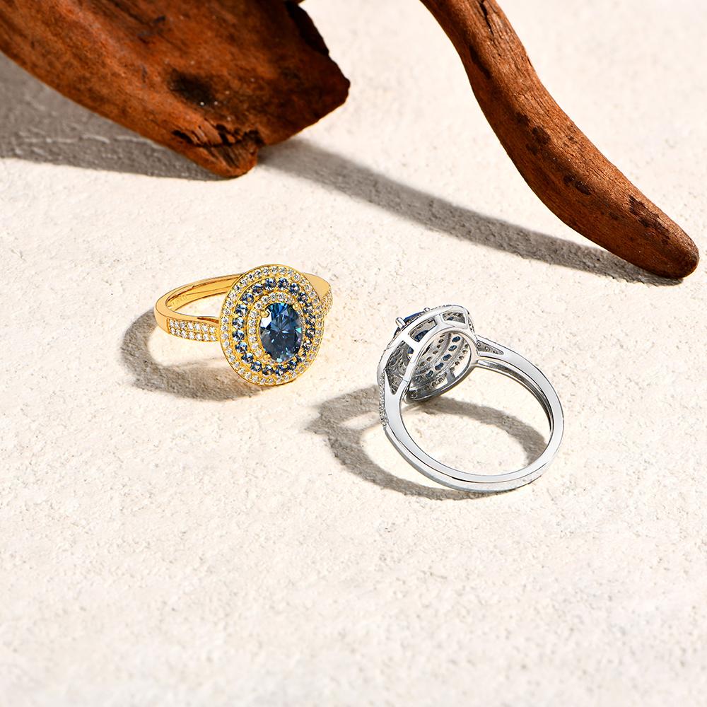 ATTAGEMS Blaue Moissanit Damenringe Oval geschliffen 1,0 Karat Echtsilber S925 Schmuck für Hochzeit Verlobungsring Mit Zertifikat