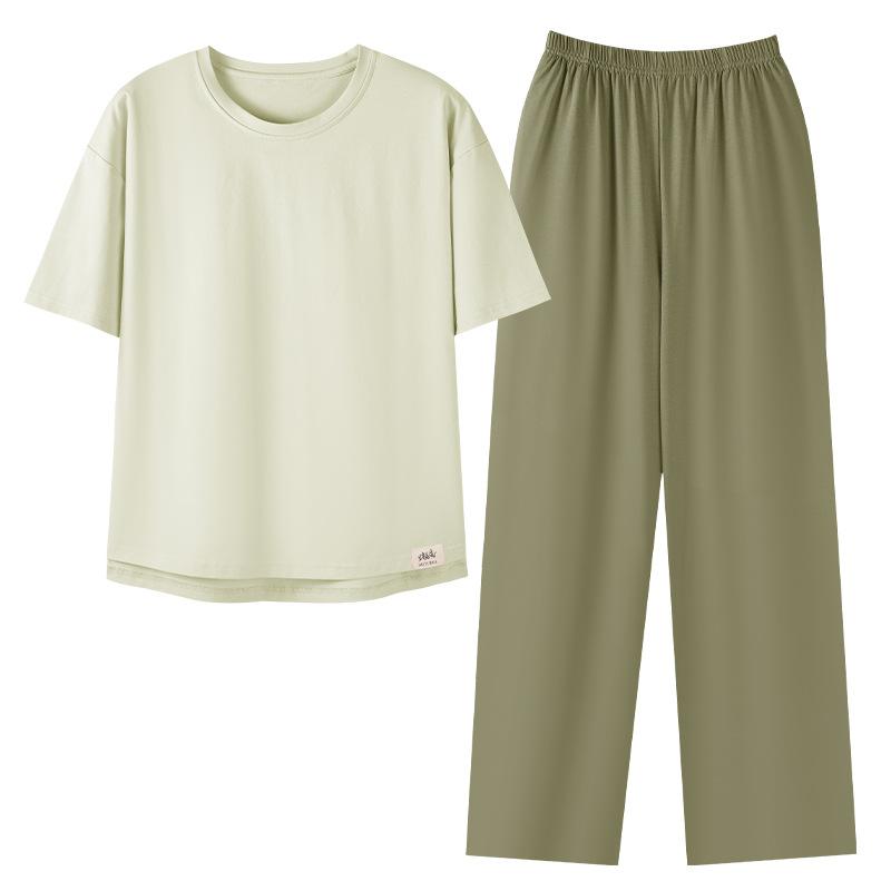 Pure cotton pajamas women's summer short-sleeved trousers three-piece set 1011 new casual solid color round neck can be worn outside loungewear