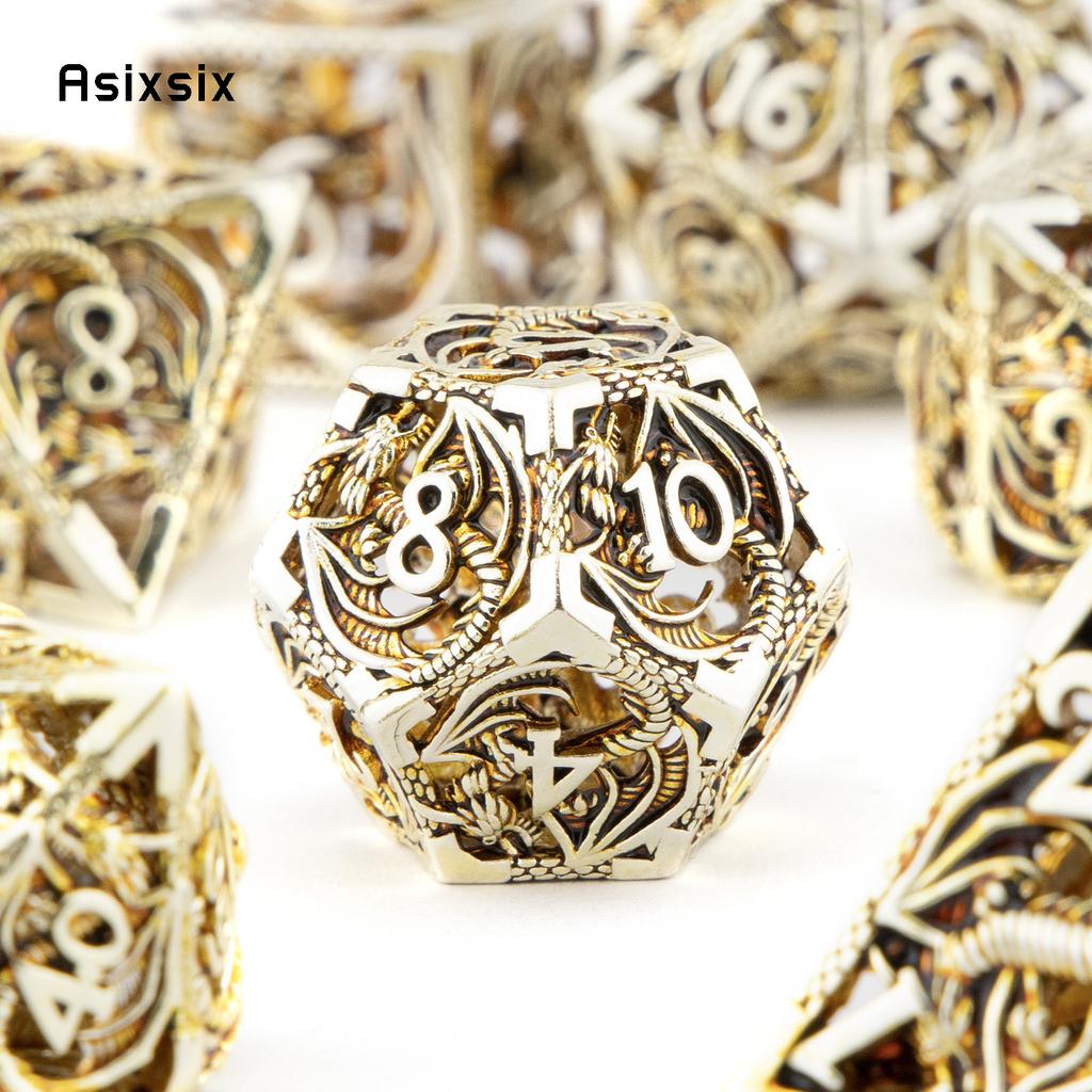 7-teiliges hellgoldenes Drache-Metallwürfel-Drachen-Hohlmetall-Polyeder-Würfelset, geeignet für Rollenspiele, RPG-Brettspiele, Kartenspiele