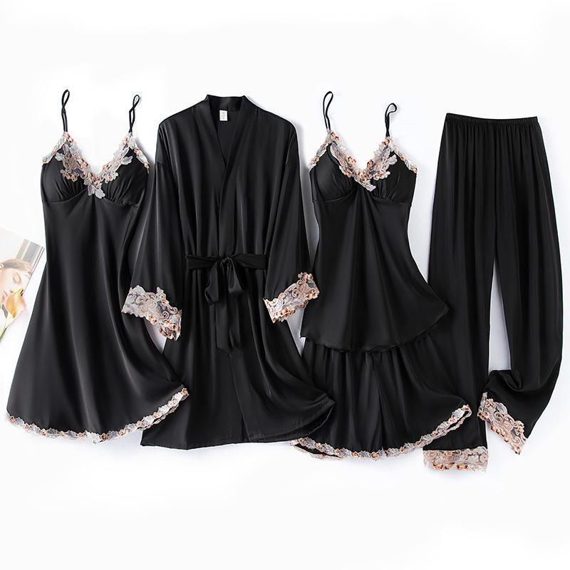 Ice Silk V-Neck Camisole & Pajama Set for Women - 5-Piece Spring & Autumn Collection