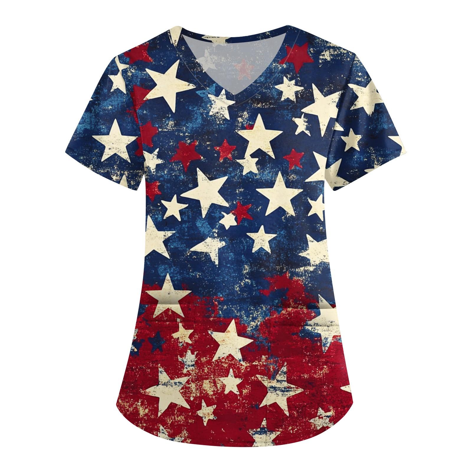 

Women s Fashion V-neck Short-sleeved Work Dress With Pockets Independence Day Printed Top Carer Suit L