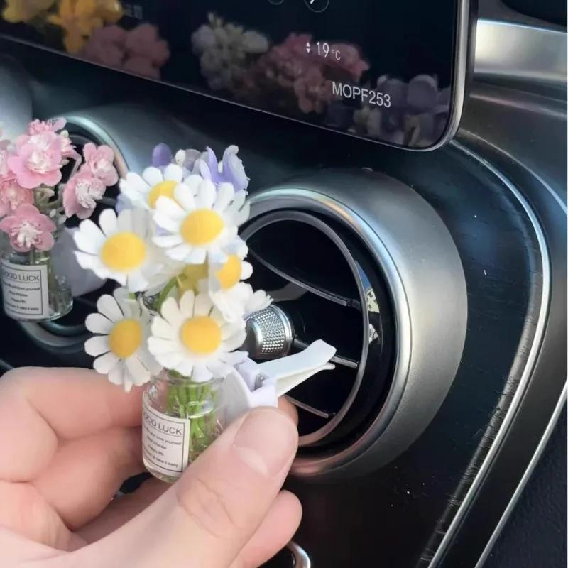 Car Center Console Air Outlet Simulated Flower Clips Ornaments Babysbreath Jasmine Glass Vase Ornaments For Girls Decorations