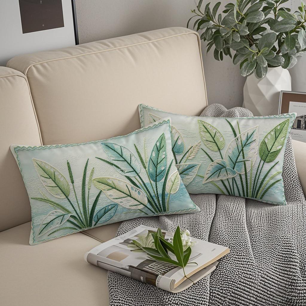 Tropical Leaf Embroidery Lumbar Pillow Covers Suitable For Sofa Bedroom Car Cushion Rectangular Back Cushion