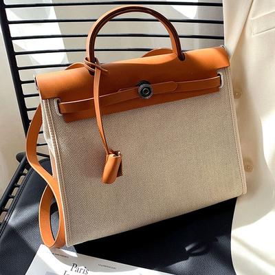Bolso Cuero de Vaca Lona Combinación de Colores Diseño Gran Capacidad para Viajar al Trabajo Bolso de Hombro Cruzado Bolso de Mano