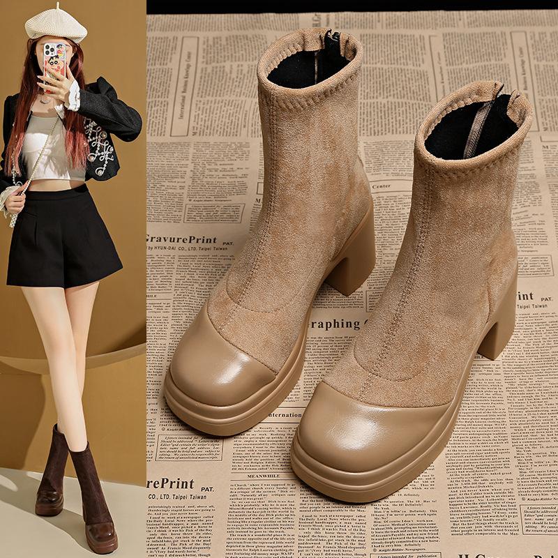 Skinny boots children spring and autumn new Korean small ankle boots autumn and winter women's shoes suede elastic boots high heels short boots