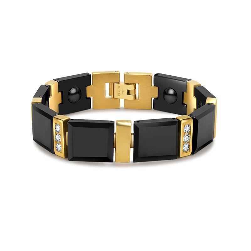 Mens Ceramic Titanium Steel Bracelet With Magnetic Therapy Geometric Design Black Gold Tone Luxury Casual Accessory