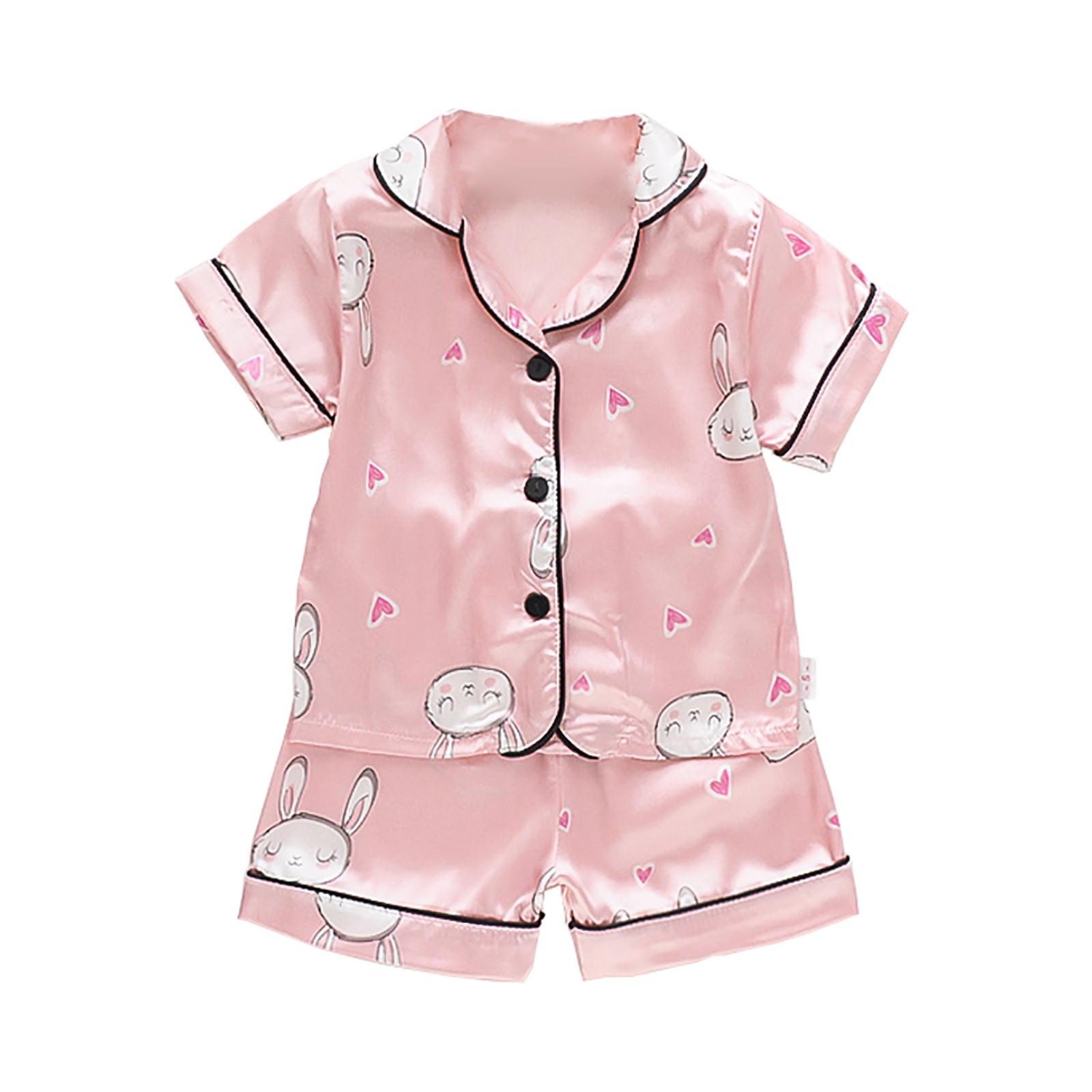 

Дитячі піжами для хлопчиків і дівчаток з двох частин, атласні літні піжами з короткими рукавами + шорти M рожевий