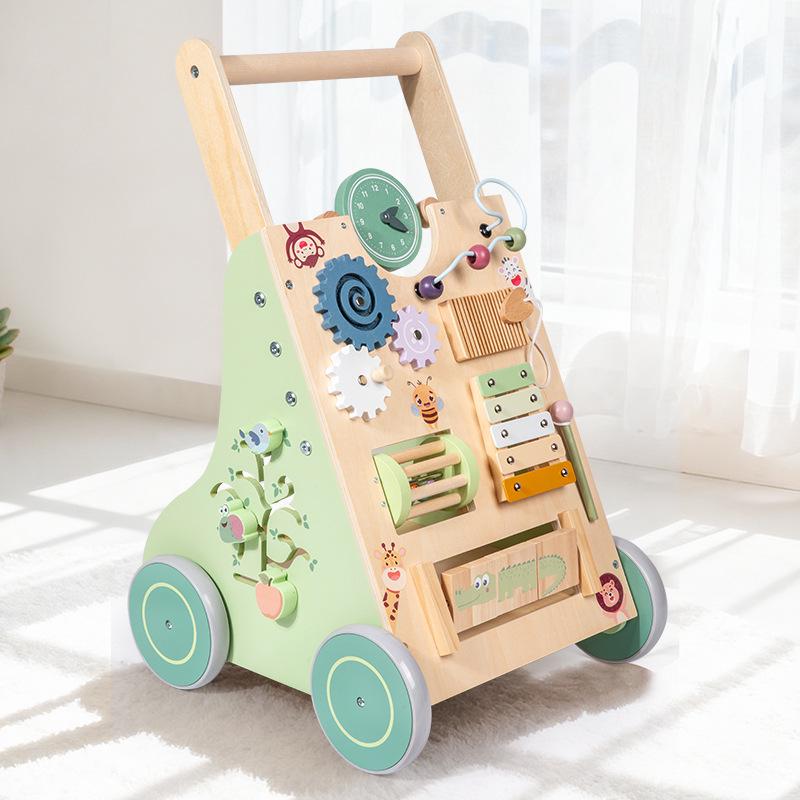 Wooden Baby Walker Stroller with Educational Learning Aid - Anti-Tip Push Car Toy for Toddlers