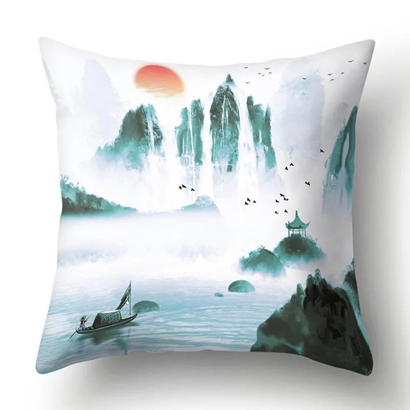 Ink Landscape Painting Pillowcase Bedroom Room Home Decoration Office Seat Living Room Sofa Cushion Cover 45x45cm