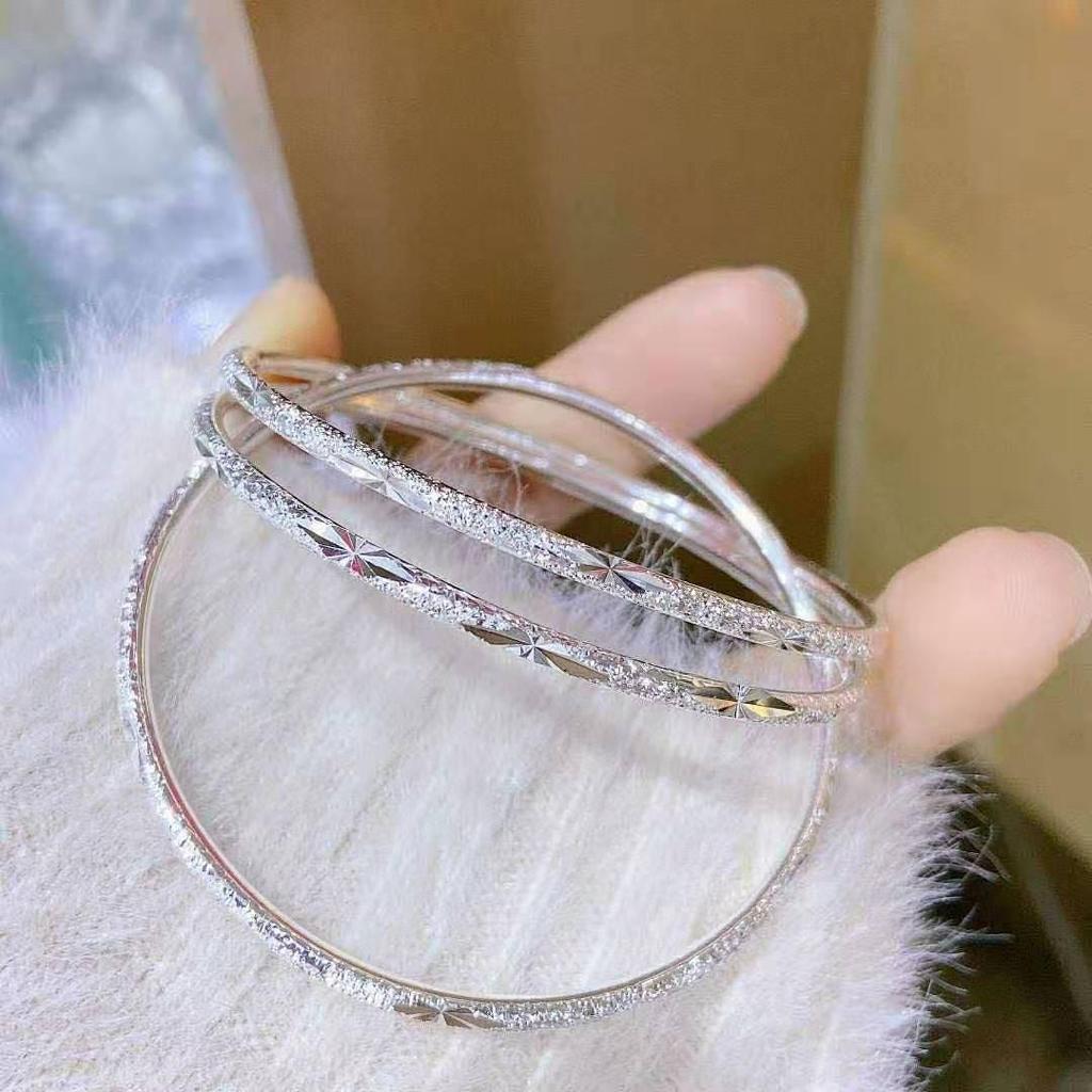 Three Lives Three Worlds Silver Plated Frosted Bangle Bracelet with Carved Text, Adjustable Design