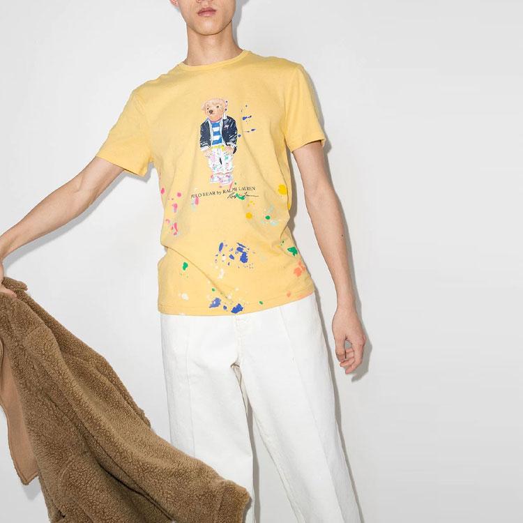 Polo Ralph Lauren Ss22 Farbspritzer-Effekt Bärenlogo Bedrucktes Rundhals Kurzarm T-Shirt Herren T-Shirts Gelb 710858031-002