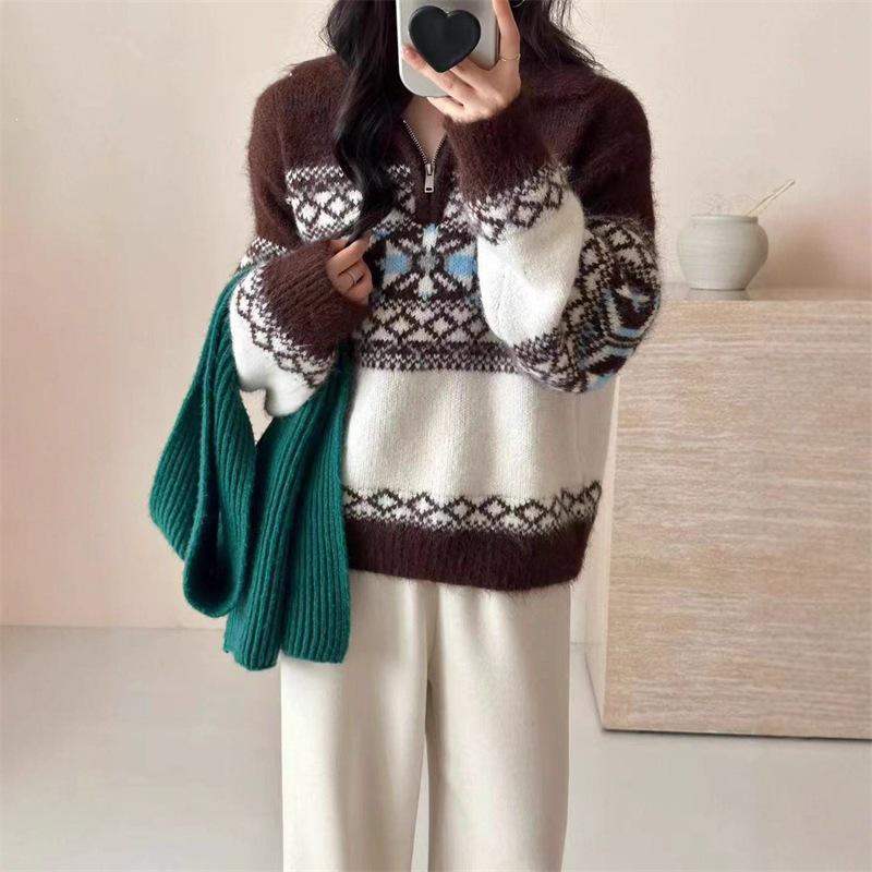 Women's French Fair Isle Color Block Half-Zip Knit Pullover Sweater - Autumn/Winter 2026