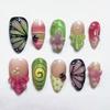 24PCS Fashionable Green Almond False Nails Pink 3D Flowers Shell Designs Press On Nails Sweet Polka Dots with Pearl Fake Nails