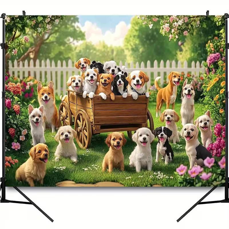 

2D Dog Lovers Tapestry, Happy Puppies in a Green Backyard with Flowers and Wooden Cart 47.2x31.5inch/120*80cm