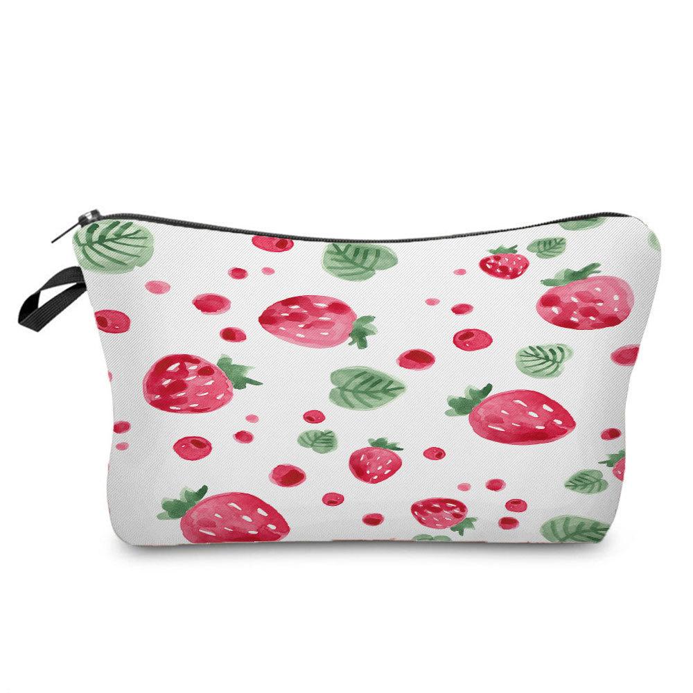 Sweet Strawberry Printed Wash Soft Handle Bag, Heart-shaped Strawberry Printed Cosmetic Bag, Zipper Concealed Bag