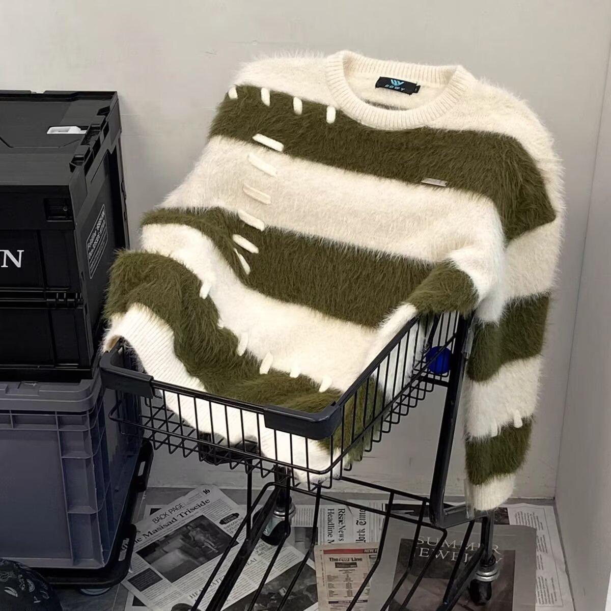 Men s Contrast Stripe Round Neck Sweater, Autumn/Winter Warm Knitwear, Trendy Casual Style M