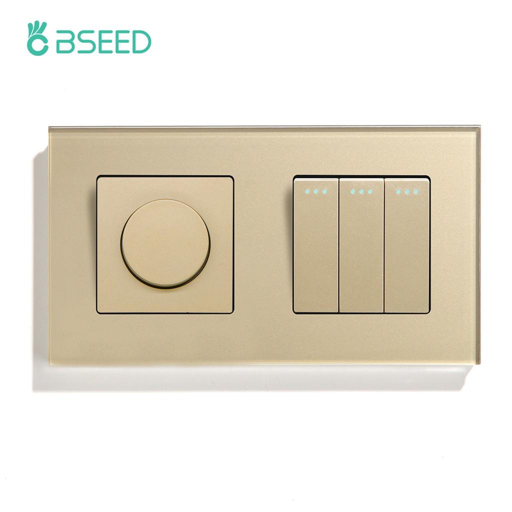 BSEED Mechanical Dimmer Fan Switch With 1/2/3Gang Wall Light Switches EU Socket USB Type-c Power Ports  2.1A Glass Panel