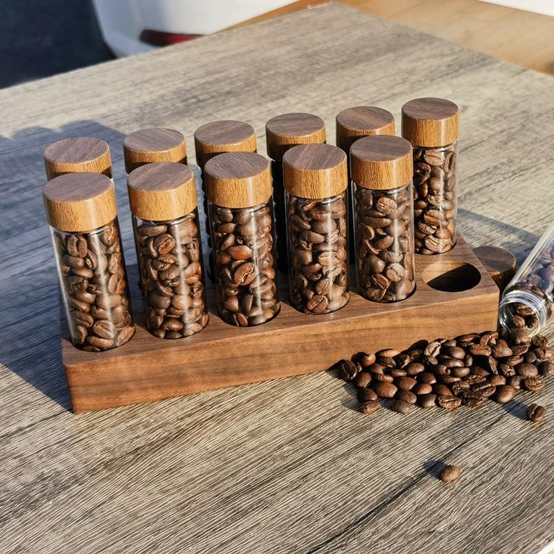 Wooden Coffee Beans Flower Tea Display Rack Stand Glass Test Tube Sealed Storage Cereals canister