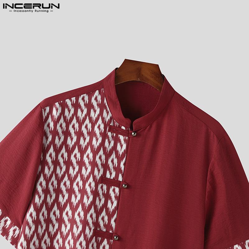 INCERUN Men Stand Collar T Shirt Vintage Printed Short Sleeve Tops