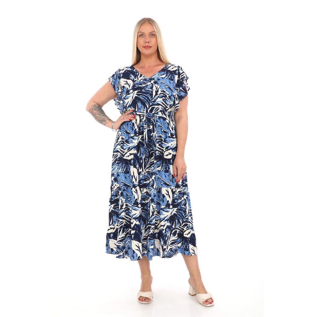 Flounce Sleeves Crew Neck Belted Floral Patterned Long Viscose Dress