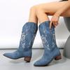 Botas de tobillo con punta puntiaguda retro de moda para invierno, nuevas botas vaqueras de lona azul para mujer, botas vaqueras occidentales bordadas informales para mujer