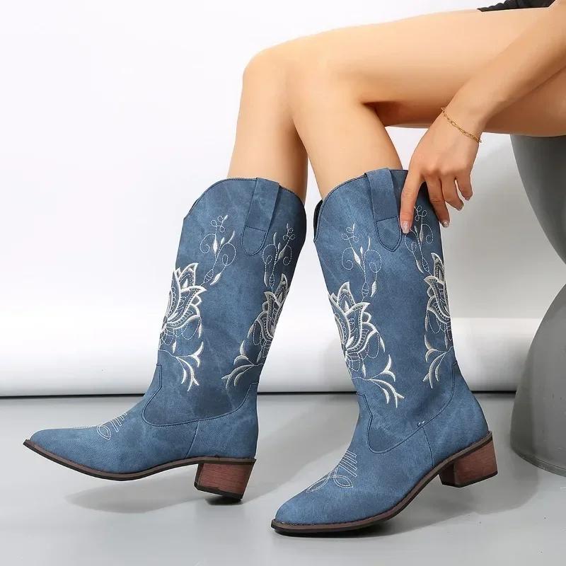Mode Retro Spitz Zehen Knöchel Stiefel Winter Neu Blau Canvas Denim Stiefel Damen Lässig Bestickte Western Cowboy Stiefel Botines Mujer