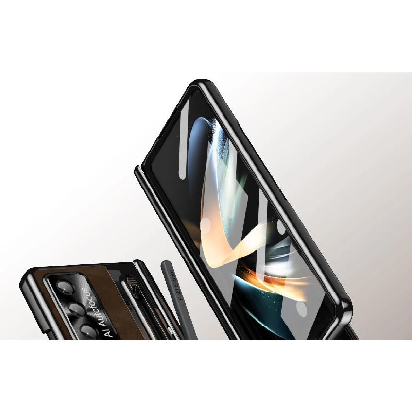 Leather Bracket Pen Slot With Stylus Case For Samsung Galaxy Z Fold7 6 5 4 Glass Screen Hinge Protection Cover For Z Fold 6 Slim