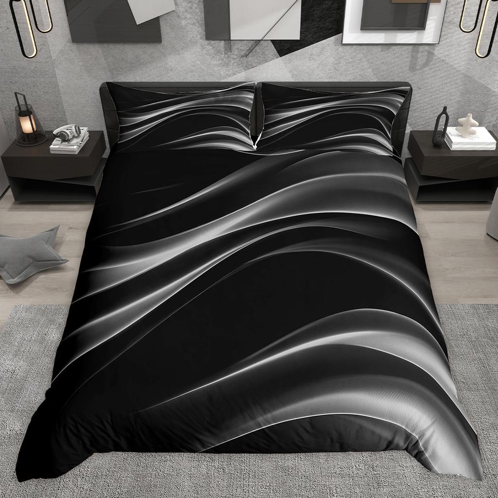 Homewish Neon Wave Lines Duvet Cover Set Black Geometric Bed Set Modern Abstract Art Quilt Cover Set