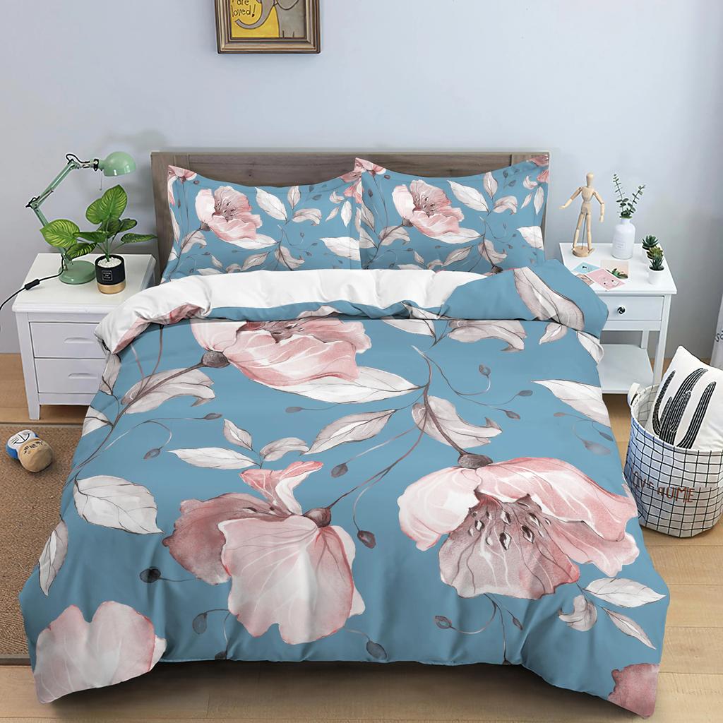 Flower Bedding Set Colorful Floral Duvet Cover Queen King Size Green Leaves Blossom Quilt Cover 2/3Pcs Polyester Comforter Cover